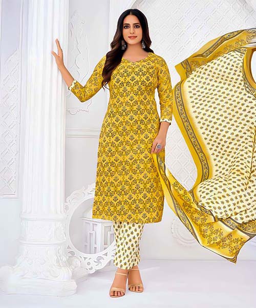 Yellow Cotton Casual Wear Salwar Kameez in oxford
