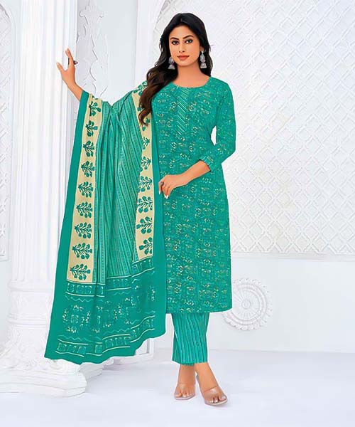 Cyan Cotton Casual Wear Salwar Kameez in oxford