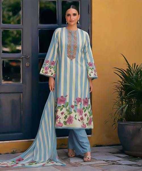 Blue  Jam Satin Casual Wear Salwar Kameez