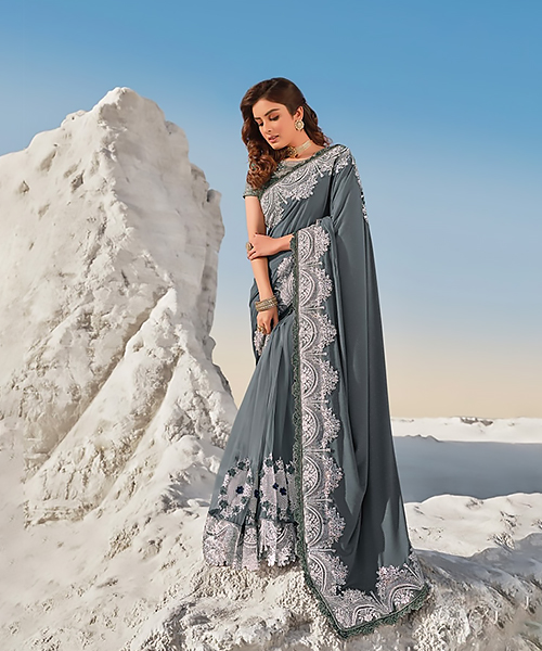 Grey Net Designer Saree