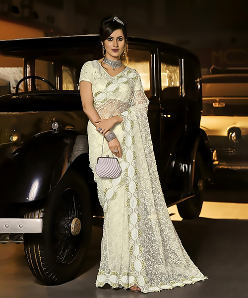 White Net Designer Saree