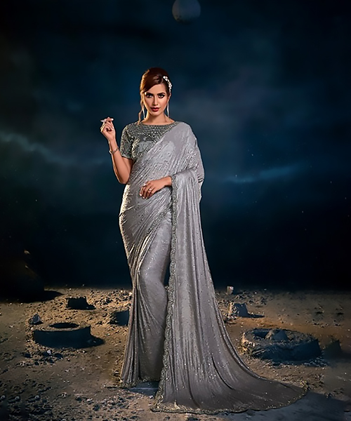 Grey Net Designer Saree