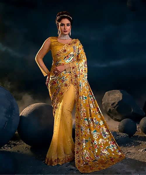 Yellow Net Designer Saree