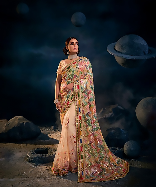 Peach Net Designer Saree