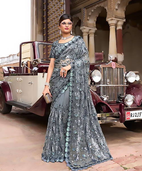 Grey Net Designer Saree