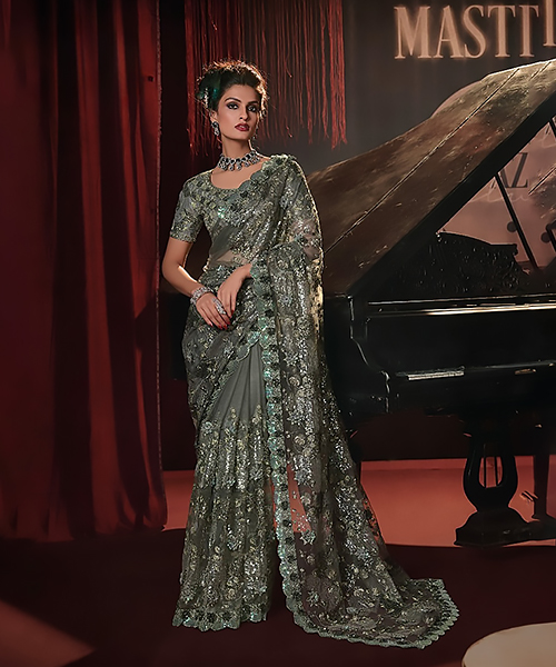 Grey Net Designer Saree