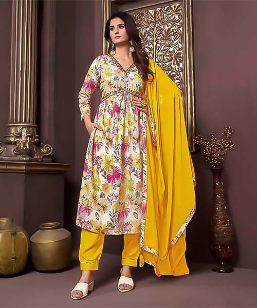 Yellow  Rayon Printed Salwar Kameez in mumbai