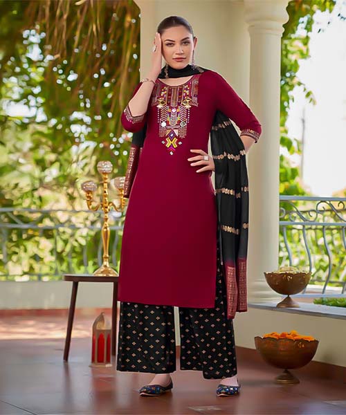 Red Rayon Casual Wear Salwar Kameez