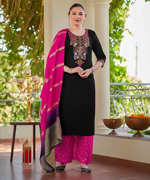 Black  Rayon Casual Wear Salwar Kameez