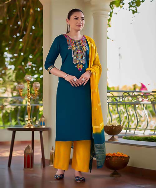 Blue Rayon Casual Wear Salwar Kameez