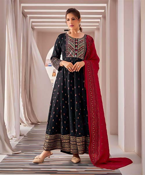Black Rayon Casual Wear Salwar Kameez