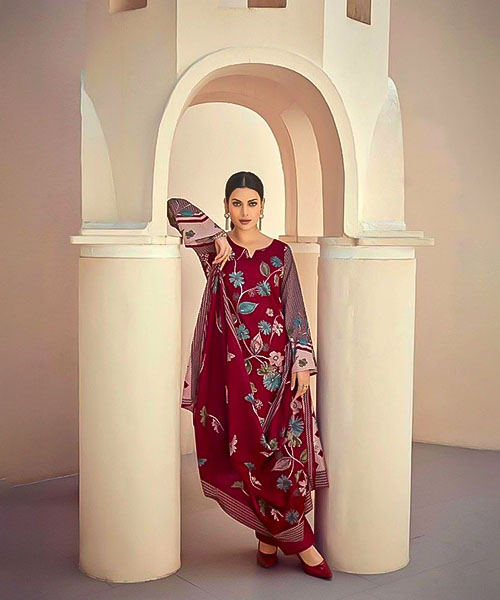 Red Jam Silk Printed Salwar Kameez