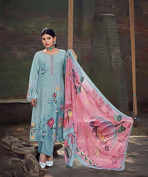 Sky Blue Viscose Muslin Casual Wear Salwar Kameez