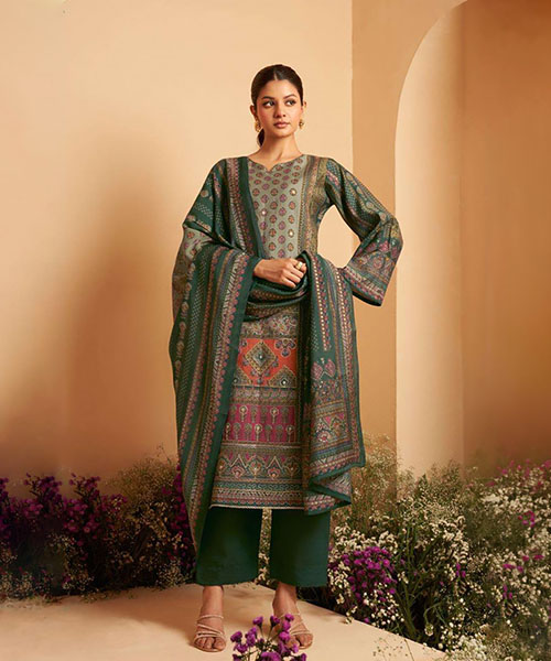 Dark Green Viscose Muslin Printed Suit