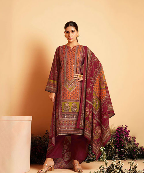 Red Viscose Muslin Printed Suit