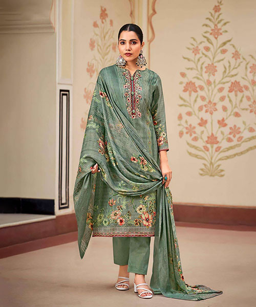 Olive Green Jam Satin Printed Suit