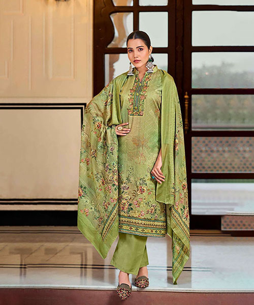 Light Green Jam Satin Printed Suit