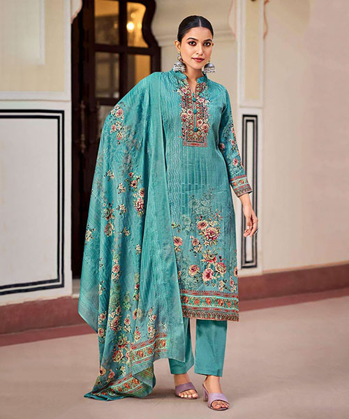 Blue Jam Satin Printed Suit