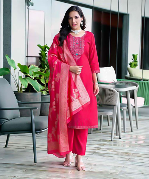 Red  Roman Silk Casual Wear Salwar Kameez