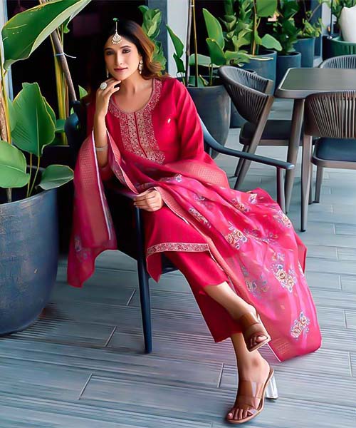 Red Roman Silk Casual Wear Salwar Kameez