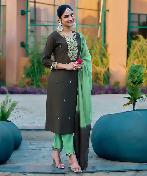 Green  Roman Silk Casual Wear Salwar Kameez in swansea