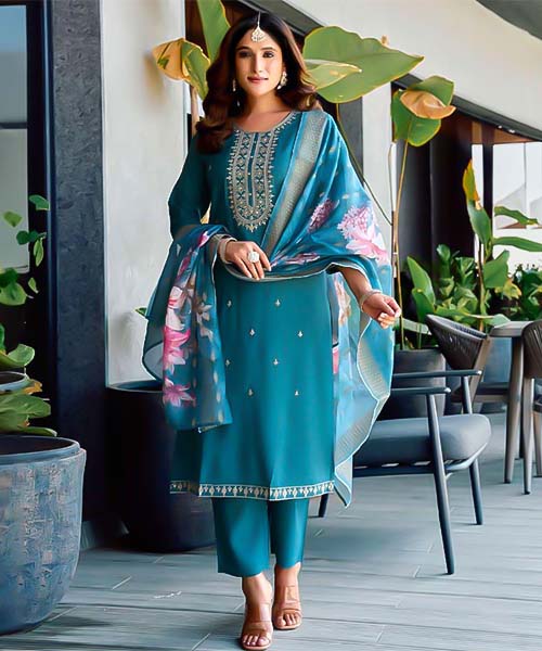 Sky Blue Roman Silk Casual Wear Salwar Kameez