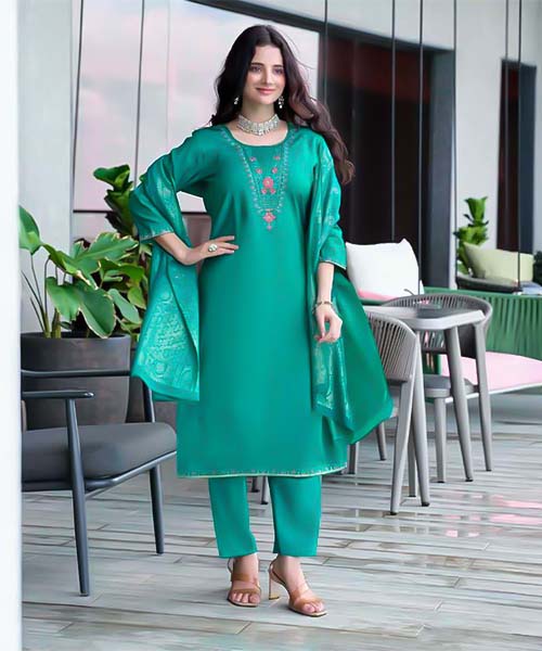 Green  Roman Silk Casual Wear Salwar Kameez
