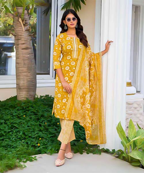 Yellow Cotton Casual Wear Salwar Kameez