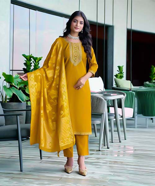 Yellow Roman Silk Casual Wear Salwar Kameez