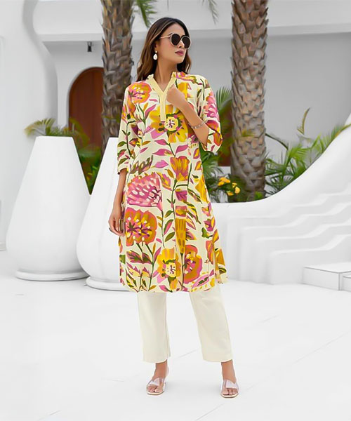 Yellow Cotton Flex Printed Kurti in newport