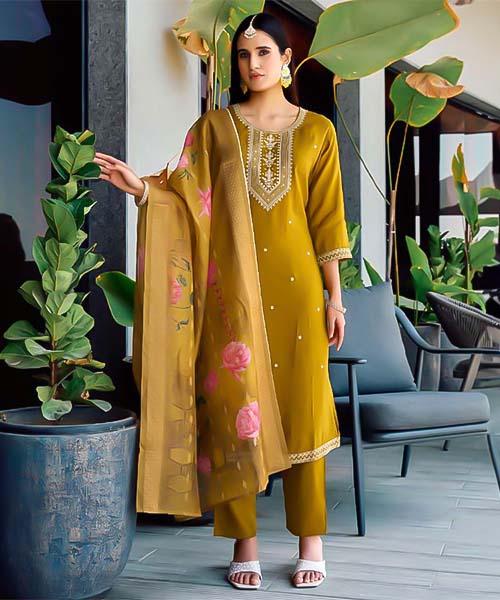 Yellow Roman Silk Casual Wear Salwar Kameez
