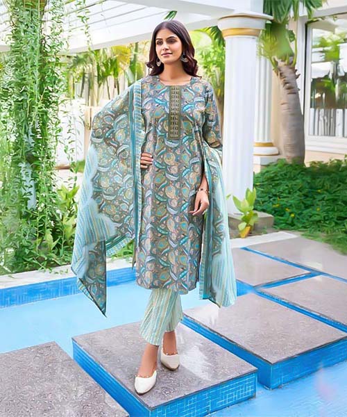 Cyan Cotton Casual Wear Salwar Kameez