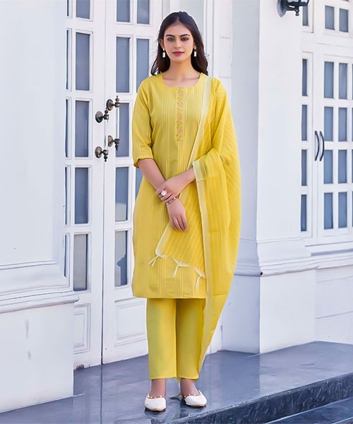 Yellow Handloom Weaving Cotton Casual Wear Salwar Kameez in louisville