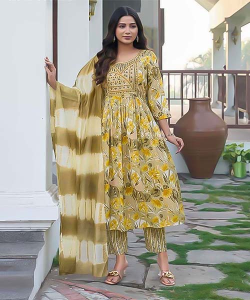 Yellow Rayon Printed Salwar Kameez