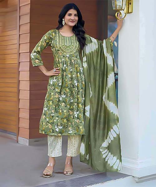 Green Rayon Printed Salwar Kameez