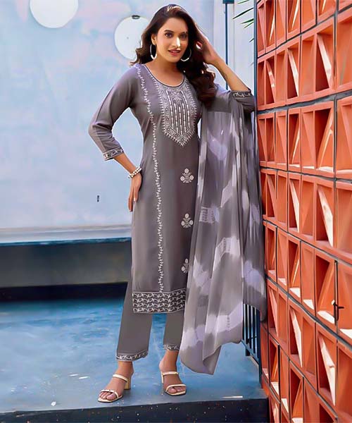 Grey Rayon Casual Wear Salwar Kameez