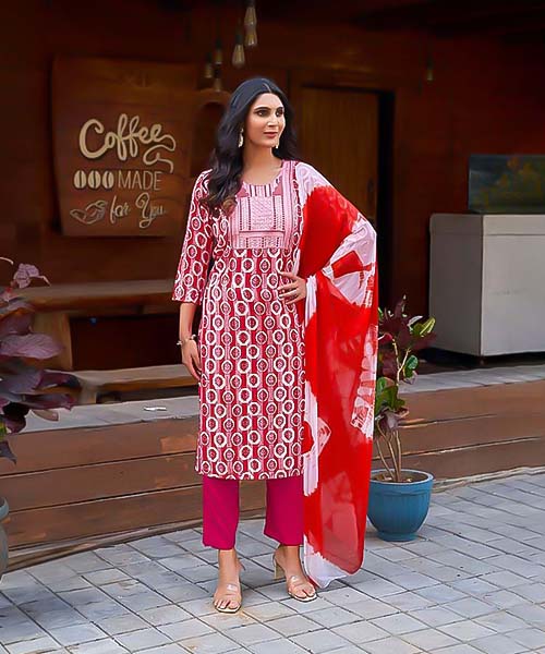 Red Rayon Printed Salwar Kameez