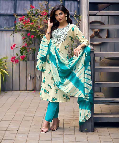 White  Rayon Casual Wear Salwar Kameez