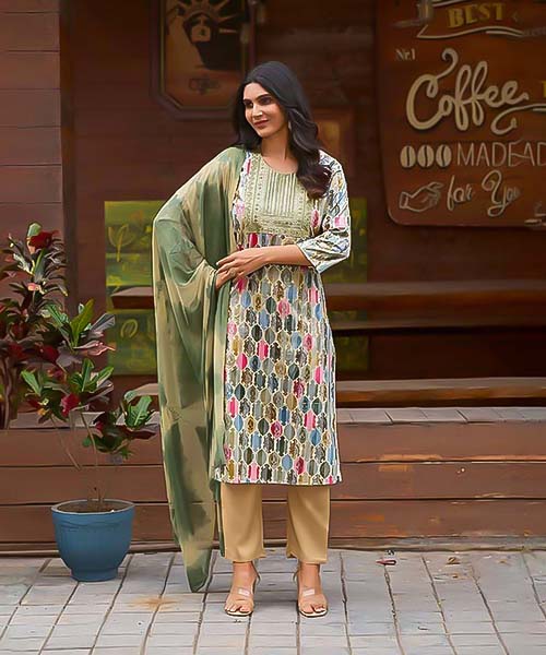 Green Rayon Printed Salwar Kameez