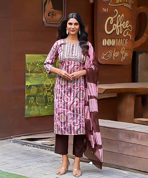 Brown Rayon Printed Salwar Kameez