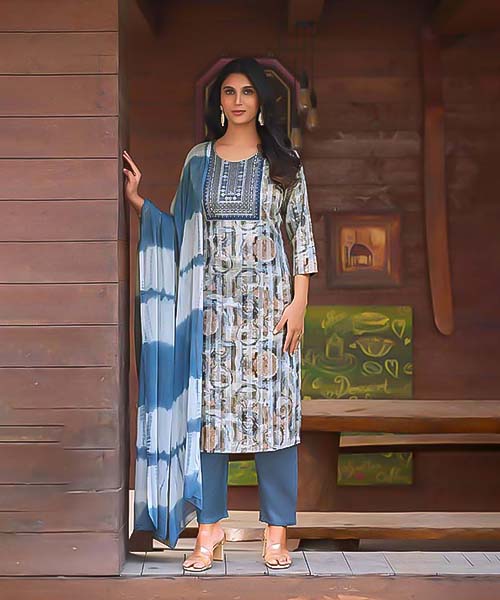 Blue Rayon Printed Salwar Kameez