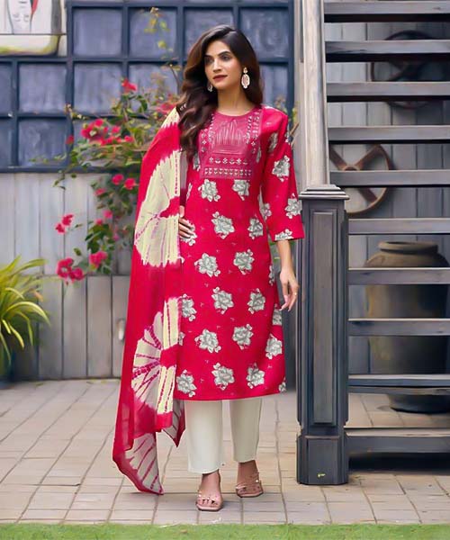 Red Rayon Casual Wear Salwar Kameez