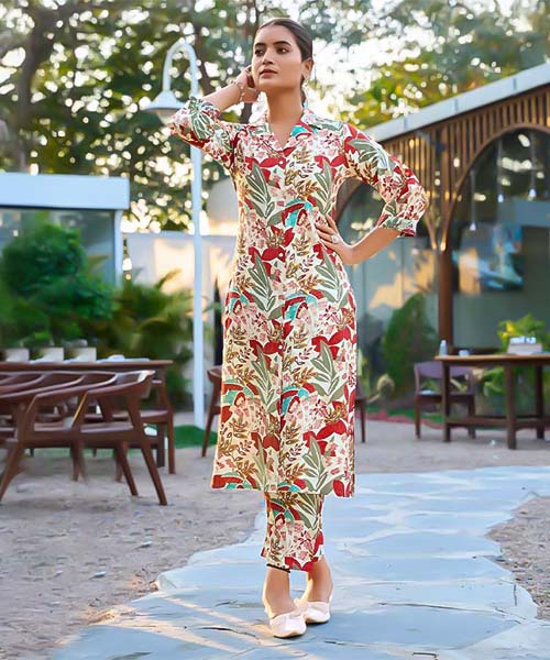 White Vertican Dobby Printed Kurti