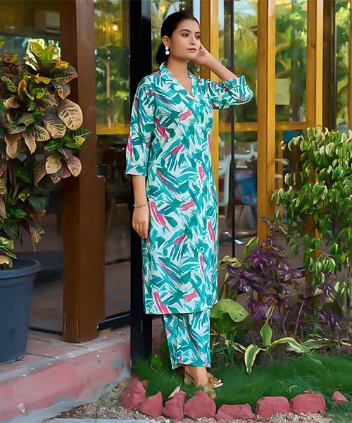 Cyan Vertican Dobby Printed Kurti