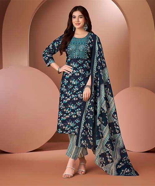 Blue  Cambric Cotton Printed Salwar Kameez in bolton