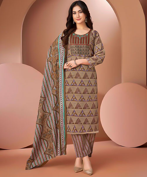 Brown  Cambric Cotton Printed Salwar Kameez in bolton