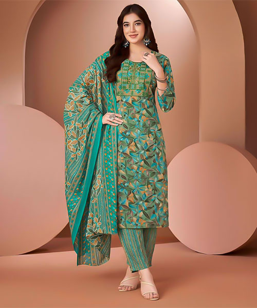 Green  Cambric Cotton Printed Salwar Kameez in bolton