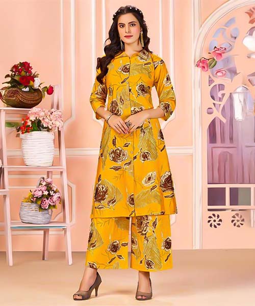 Yellow  Vertican Printed Kurti