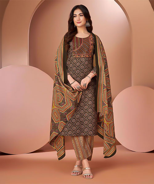 Brown Cambric Cotton Printed Salwar Kameez in bolton