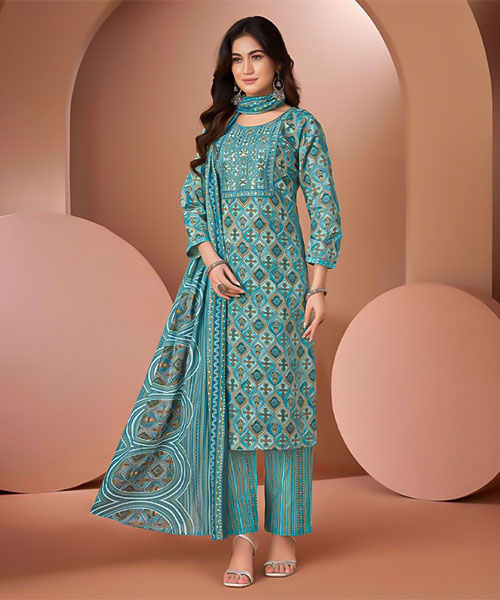 Sky Blue Cambric Cotton Printed Salwar Kameez in bolton